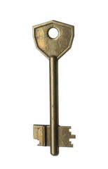 One metal modern key on white background