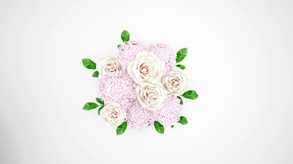 Hydrangea flowers and roses on a white background. Bouquet for winter artwork. 3D Illustration