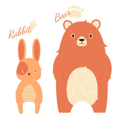 A cute couple of characters. Hare and bear, and traces of their paws. Forest animals. Child illustration.