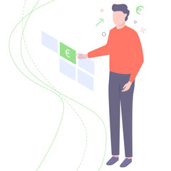 Man chooses a currency. Illustration for banks and financial institutions.