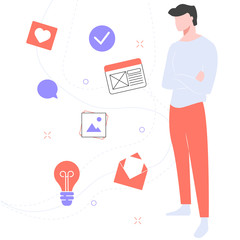 The young guy sets goals. Around the icon of the like, the site, messages, pictures, light bulbs, ideas, letter.