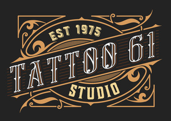 Tattoo logo template. Old lettering on dark background with floral ornaments.
