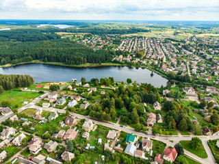 Beautiful aerial view of Moletai region, famous or its lakes. Scenic summer evening landscape in Lithuania.