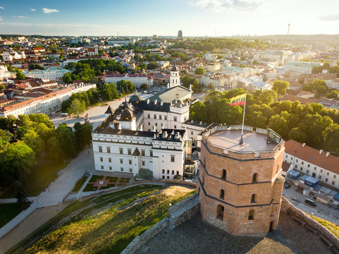 Aerial view of Vilnius Old Town, one of the largest surviving medieval old towns in Northern Europe. Sunset landscape of Old Town of Vilnius, the heartland of the city.