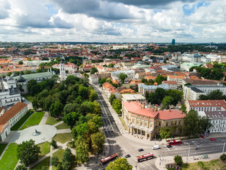 Fototapeta na wymiar Aerial view of Vilnius Old Town, one of the largest surviving medieval old towns in Northern Europe. Sunset landscape of Old Town of Vilnius, the heartland of the city.
