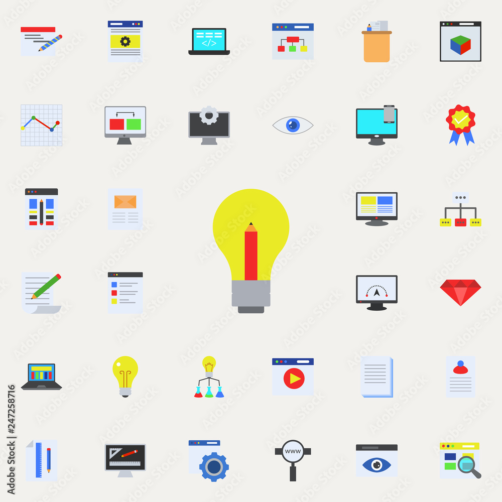 Poster light bulb and pencil colored icon. programming sticker icons universal set for web and mobile