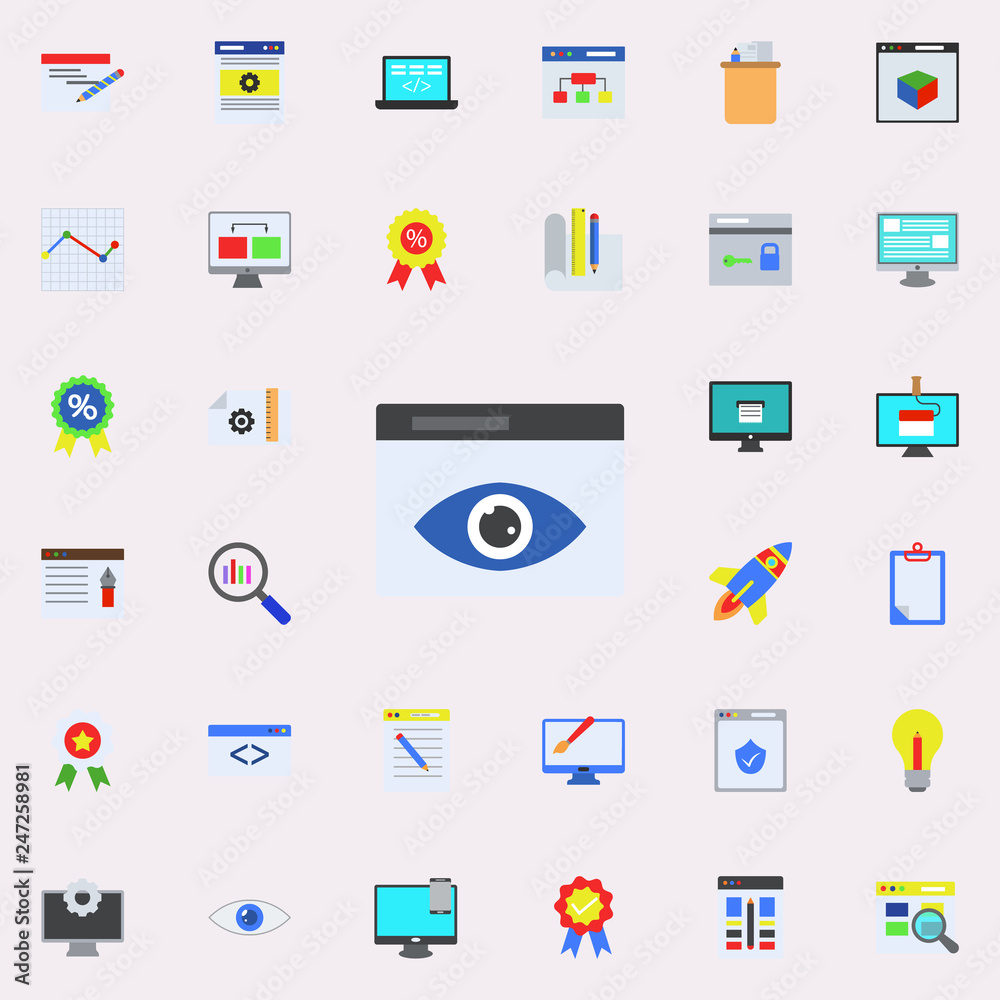 Aufkleber look in the browser colored icon. programming sticker icons universal set for web and mobile