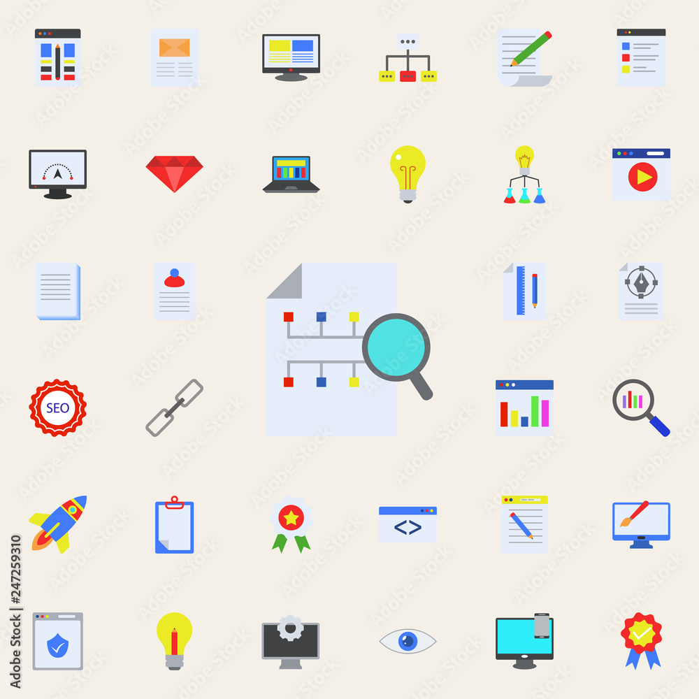 Poster search in the structure of management colored icon. programming sticker icons universal set for web 