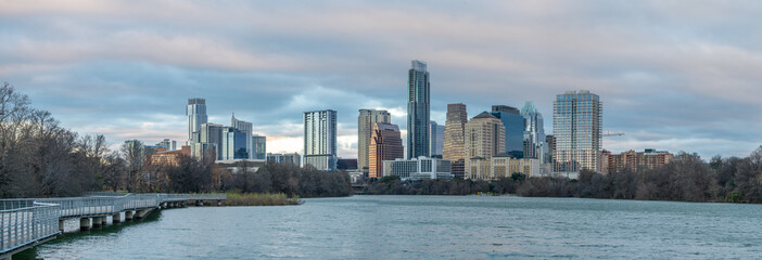 Fototapeta na wymiar Panoramic View of Townlake River With Downtown Austin in the Background
