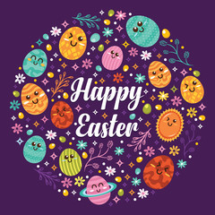 kawaii happy easter icons background