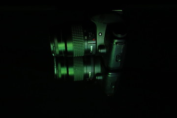 abstract background and camera Canon with lots of green light spots 