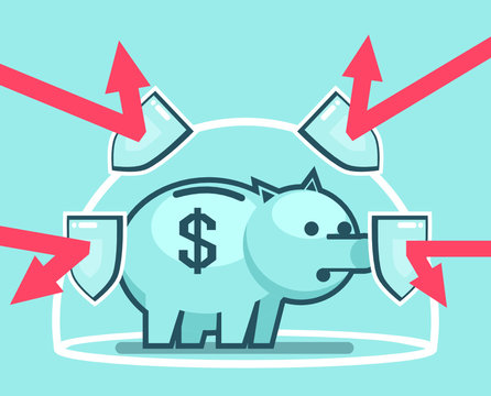 Piggy bank stands in force field protected from outside dangers. Financial insurance concept. Simple style vector illustration