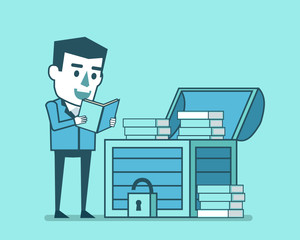 Funny businessman reads book and stands near treasure chest full of books. Career success through education concept. Simple style vector illustration