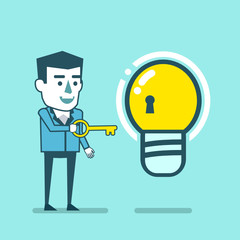 Happy man holds keys to the idea light bulb. Key to creativity, idea generation concept. Simple style vector illustration
