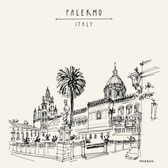 Cathedral in Palermo, Sicily, Italy. Hand drawn travel postcard