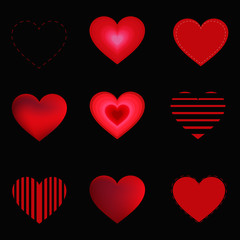 Hearts set isolated on black background