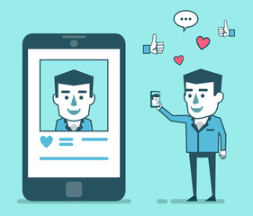 Happy man makes selfie and posts his photo on social media. Social media marketing concept. Simple style vector illustration
