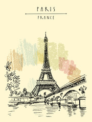 Eiffel Tower in Paris, France. Vintage hand drawn touristic postcard