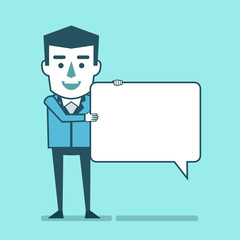 Happy businessman holds blank speech bubble. Conversation, dialog, social media concept. Simple style vector illustration