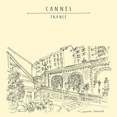 Street in Cannes, France. Hand drawn vintage touristic postcard