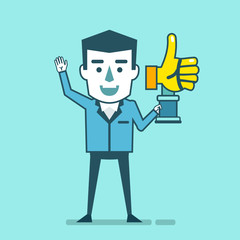 Happy businessman holds golden thumb up award. Successful social media marketing concept. Simple style vector illustration