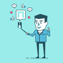 Businessman makes selfie with selfie stick. Social media marketing concept. Simple style vector illustration
