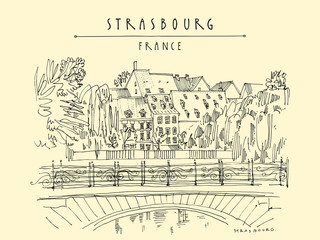 Strasbourg, France, Europe. Bridge, trees and old houses. Vintage hand drawn touristic postcard