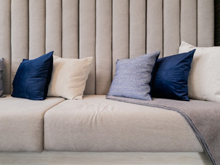 contemporary interior of Living room with part of sofa in sunny day and white curtain interior background concept