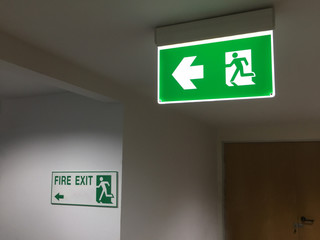 Emergency fire exit sign in offices.