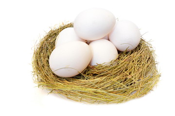 Heap white chicken eggs in a straw nest on white background. Isolated. Top view
