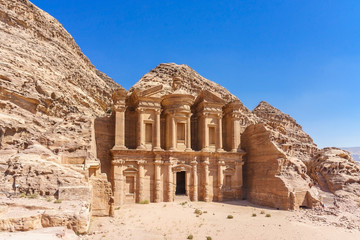 Famous facade of Ad Deir in ancient city Petra, Jordan. Monastery in ancient city of Petra. The...