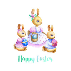 Hand drawn Easter design with cute bunnies on a white background. Watercolor painting.