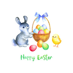 Hand drawn Easter design with cute bunny on a white background. Watercolor painting.