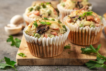 savory muffins with mushroom,  vegetables and herbs