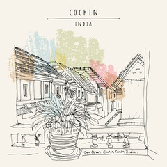 Cochin (Kochi), Kerala, India. Jew Road in Jew Town. Heritage colonial buildings. View of tiled roofs from a window with a plant. Travel sketch, book illustration