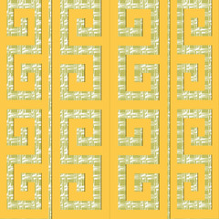 Ornamental vector greek vector seamless pattern. Ethnic style patterned grunge grid lattice background. Repeat decorative  backdrop in yellow green colors. Abstract ancient greek key meanders ornament