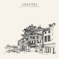 Singapore vintage hand drawn travel postcard