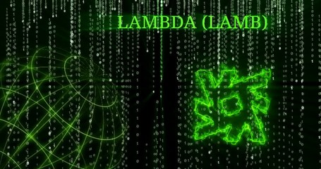 Glowing Lambda (LAMB) symbol against the falling binary code symbols