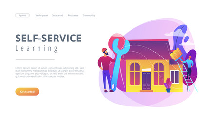 Handyman with big wrench repairing house and painting with paintbrush. DIY repair, do it yourself service, self-service learning concept. Website vibrant violet landing web page template.