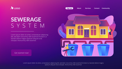 House with sewerage system and plumbing specialist with wrench. Sewerage system, domestic wastewater service, sewer system technologies concept. Website vibrant violet landing web page template.