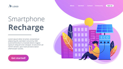 Man charges smartphone from solar recharge station. Ecological renewable charging systems, smart bus stops, IoT and smart city concept, violet palette. Website landing web page template.