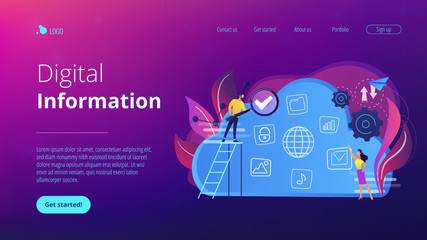 Two users searchig for big data in the cloud. Computing storage technology, large database, data analysis, digital information concept, violet palette. Website landing web page template.