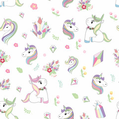 Unicorn, diamond and  flower seamless pattern hand drawing isolated on white background.