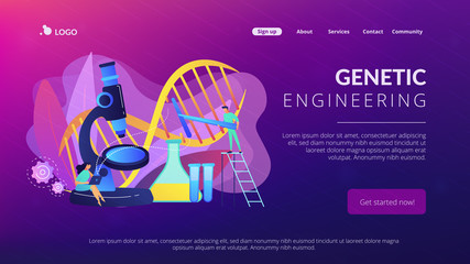 Microscope and scientists changing DNA structure. Genetic engineering, genetic modification and genetic manipulation concept on white background. Website vibrant violet landing web page template.