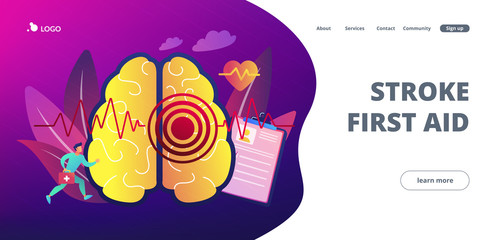 Huge brain with red circles pain epicenter and doctor running. Stroke and headache, oxygen-deprived brain and first aid concept on white background. Website vibrant violet landing web page template.