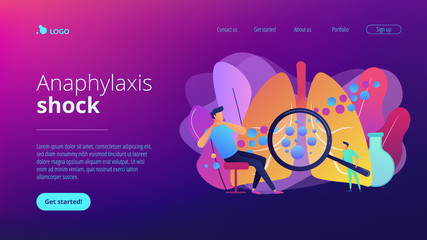 Male patient with anaphylactic symptoms and doctor with magnifier. Anaphylaxis, anaphylaxis shock treatment, allergic reaction help concept. Website vibrant violet landing web page template.