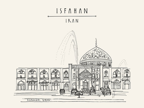 Sheikh Lotfollah Mosque in Isfahan, Iran. Travel vintage hand drawn postcard