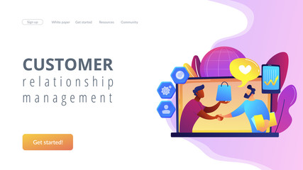 Manager shakes hands with customer, strategy for interactions with client. Customer relationship management, CRM system, CRM lead management concept. Website vibrant violet landing web page template.
