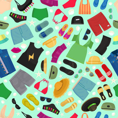 Beach fashion seamless pattern vector illustration. Summer woman s and man s outfit. Fashion beach clothes and accessories. Summer clothing for vocation fabric, textile. Sweam suit, hat.