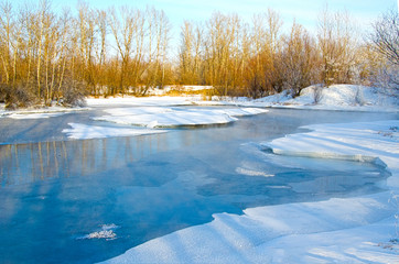 Non-freezing winter lake. Bare winter trees near the pond above which steam rises. Winter. Russia. Abakan